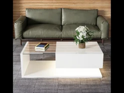Mesa de centro branca brilhante com gaveta e LED, tampo em vidro 105x55x32,5cm