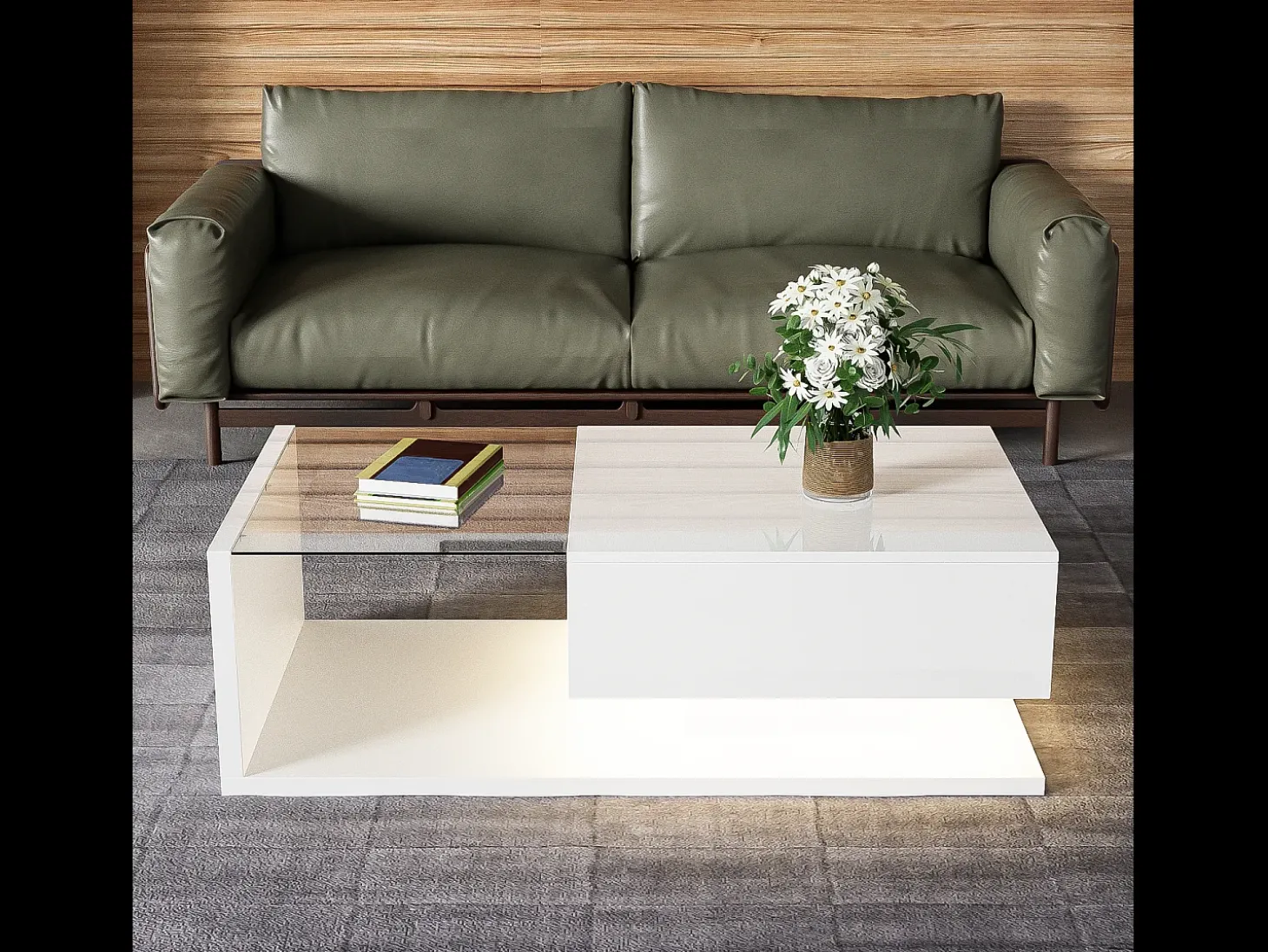 Mesa de centro branca brilhante com gaveta e LED, tampo em vidro 105x55x32,5cm