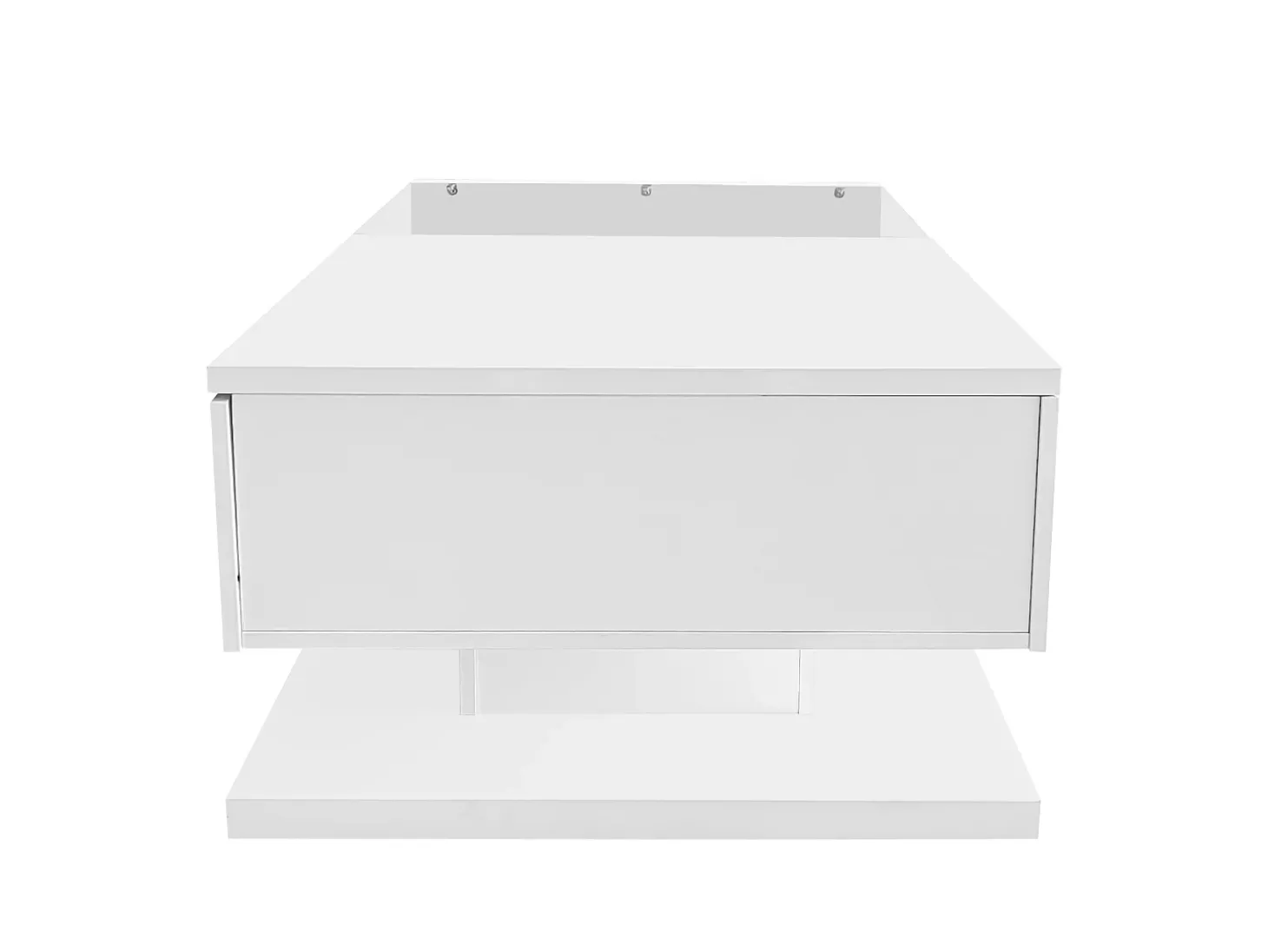 Mesa de centro branca brilhante com gaveta e LED, tampo em vidro 105x55x32,5cm