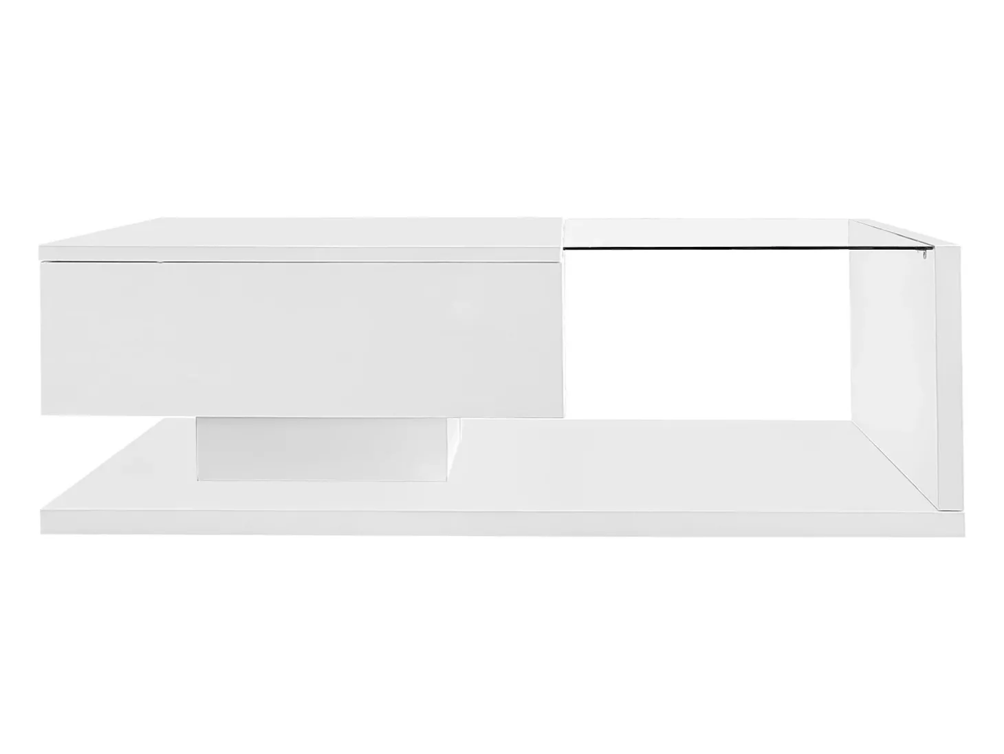 Mesa de centro branca brilhante com gaveta e LED, tampo em vidro 105x55x32,5cm