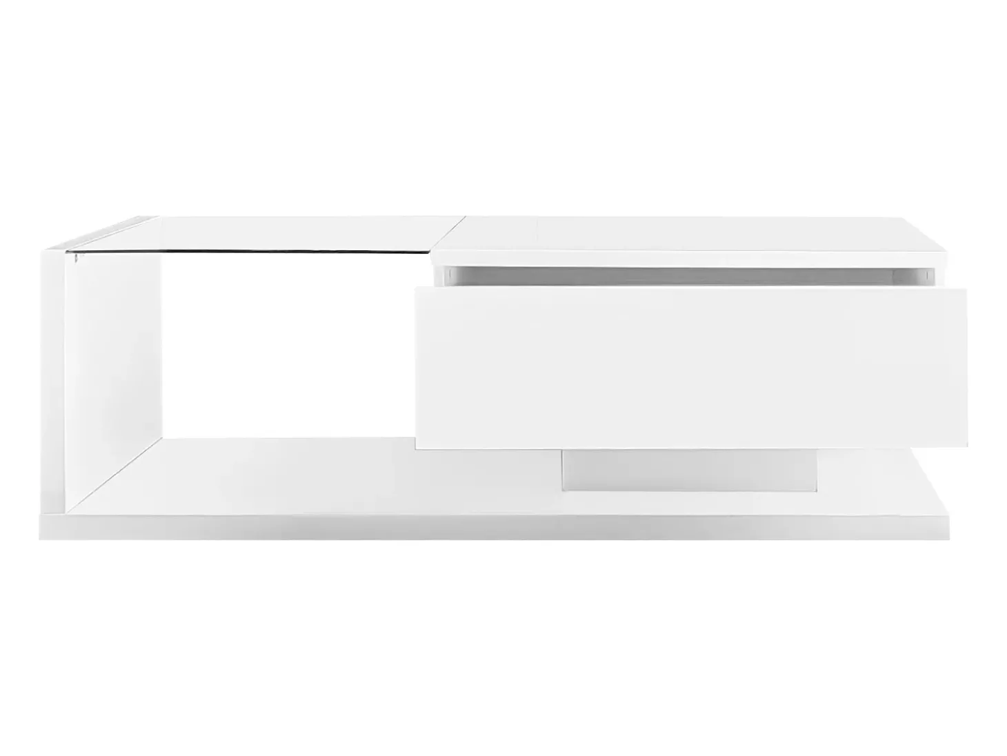 Mesa de centro branca brilhante com gaveta e LED, tampo em vidro 105x55x32,5cm