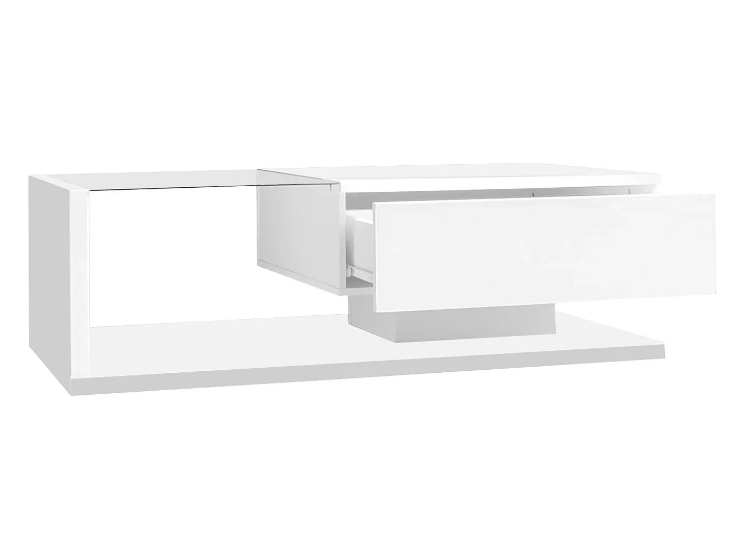 Mesa de centro branca brilhante com gaveta e LED, tampo em vidro 105x55x32,5cm
