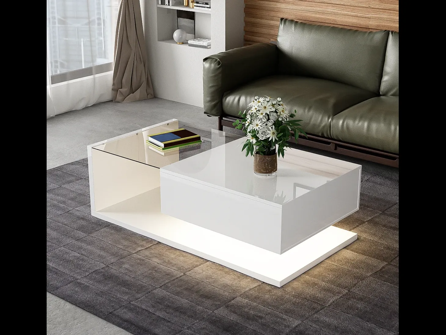 Mesa de centro branca brilhante com gaveta e LED, tampo em vidro 105x55x32,5cm