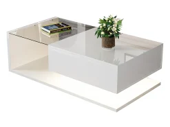 Mesa de centro branca brilhante com gaveta e LED, tampo em vidro 105x55x32,5cm