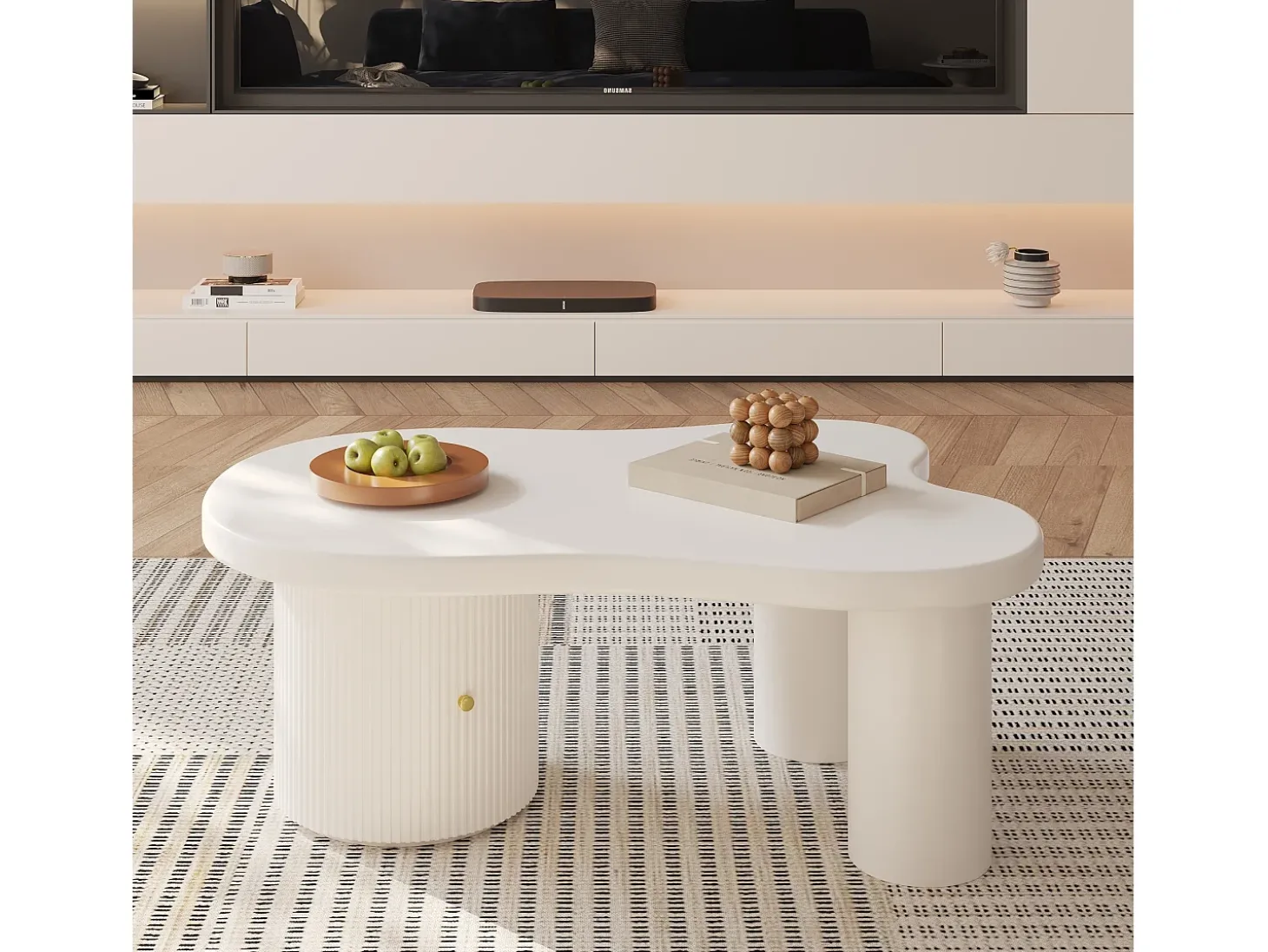 Mesa de centro branca com porta, design assimétrico, MDF