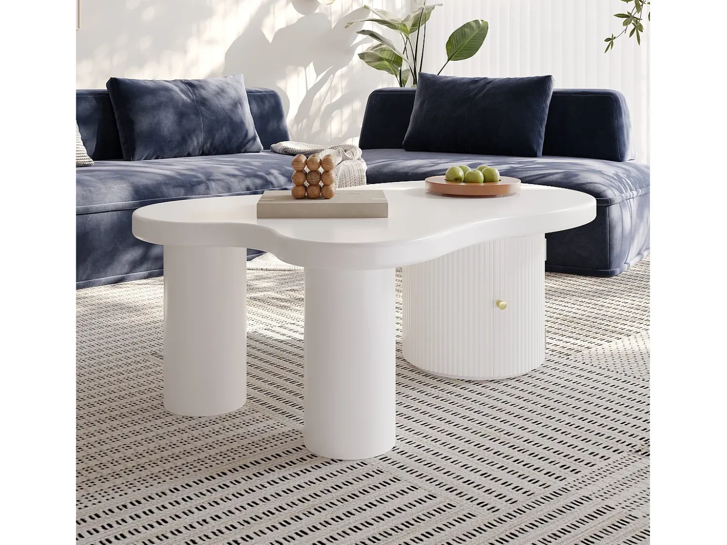 Mesa de centro branca com porta, design assimétrico, MDF