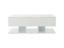 Mesa de centro branca com 2 gavetas e iluminação LED, tampo em vidro e acabamento brilhante.
