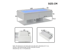 Mesa de centro branca com 2 gavetas e iluminação LED, tampo em vidro e acabamento brilhante.