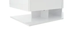 Mesa de centro branca com 2 gavetas e iluminação LED, tampo em vidro e acabamento brilhante.