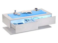 Mesa de centro branca com 2 gavetas e iluminação LED, tampo em vidro e acabamento brilhante.