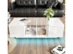 Mesa de centro branca com iluminação LED e espaço de arrumação - Tampo brilhante e painel central em vidro