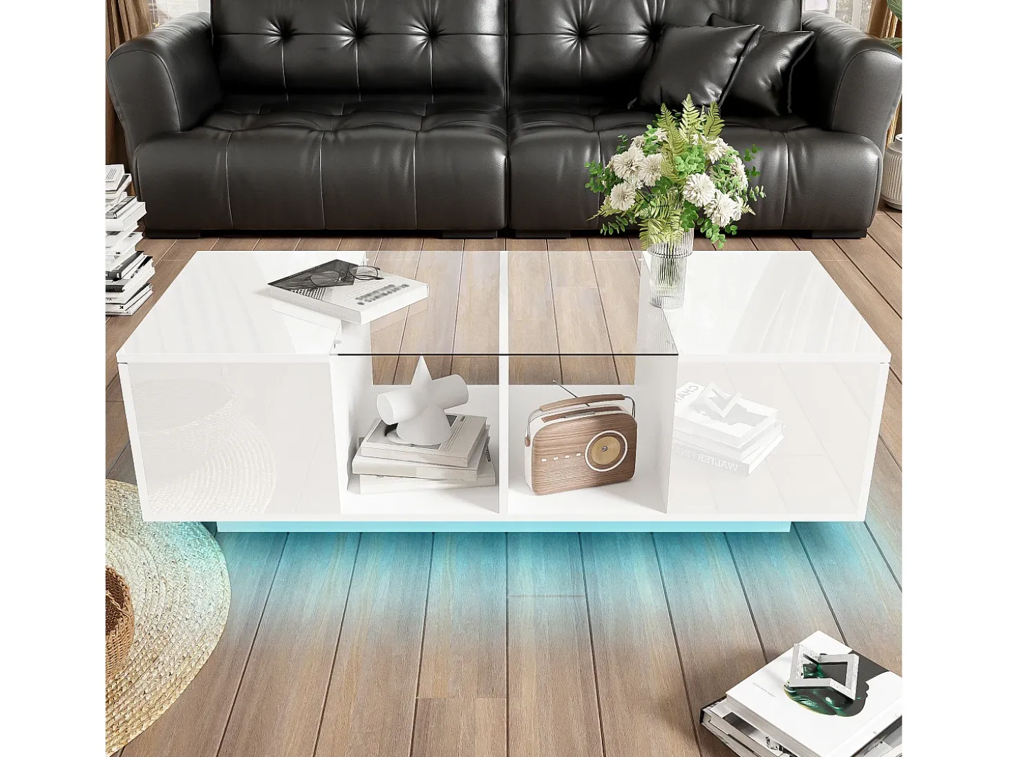 Mesa de centro branca com iluminação LED e espaço de arrumação - Tampo brilhante e painel central em vidro