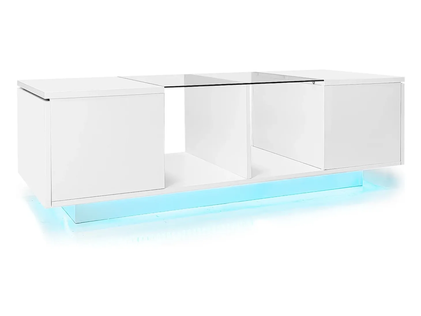 Mesa de centro branca com iluminação LED e espaço de arrumação - Tampo brilhante e painel central em vidro