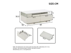 Mesa de centro branca com 2 gavetas, iluminação LED e tampo amovível 90x45x35,5cm