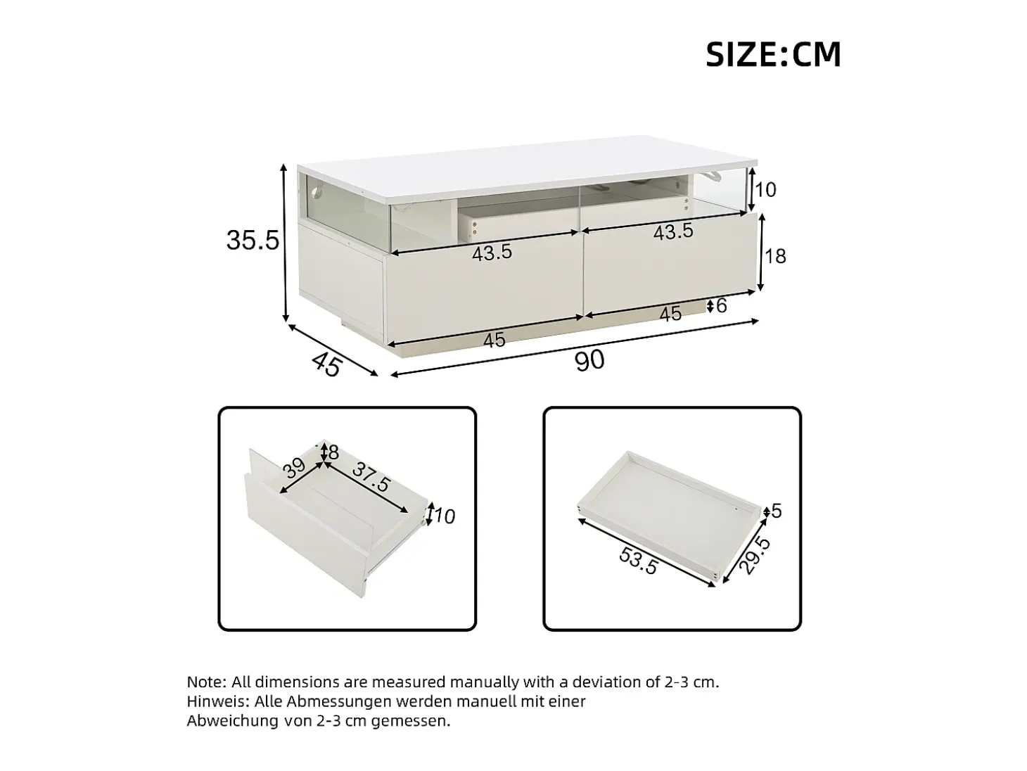 Mesa de centro branca com 2 gavetas, iluminação LED e tampo amovível 90x45x35,5cm