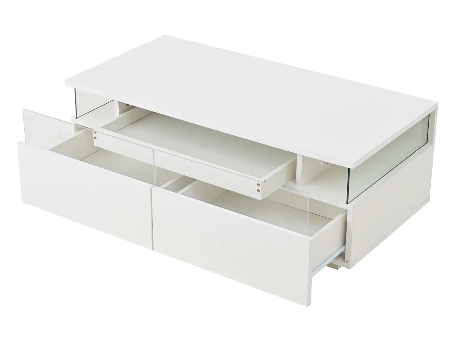 Mesa de centro branca com 2 gavetas, iluminação LED e tampo amovível 90x45x35,5cm