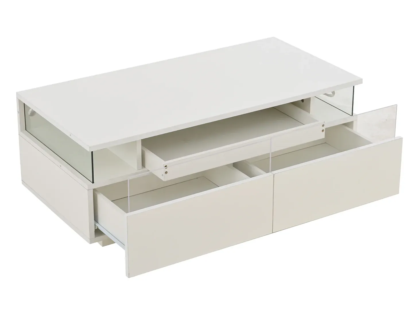 Mesa de centro branca com 2 gavetas, iluminação LED e tampo amovível 90x45x35,5cm