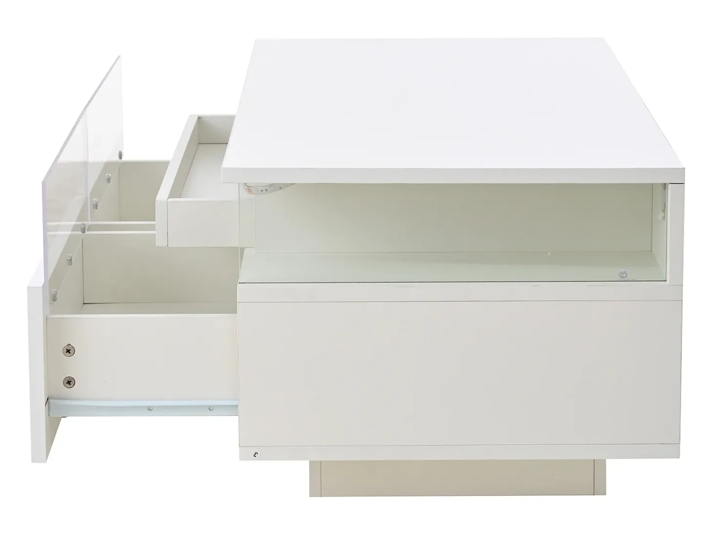 Mesa de centro branca com 2 gavetas, iluminação LED e tampo amovível 90x45x35,5cm