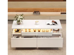 Mesa de centro branca com 2 gavetas, iluminação LED e tampo amovível 90x45x35,5cm