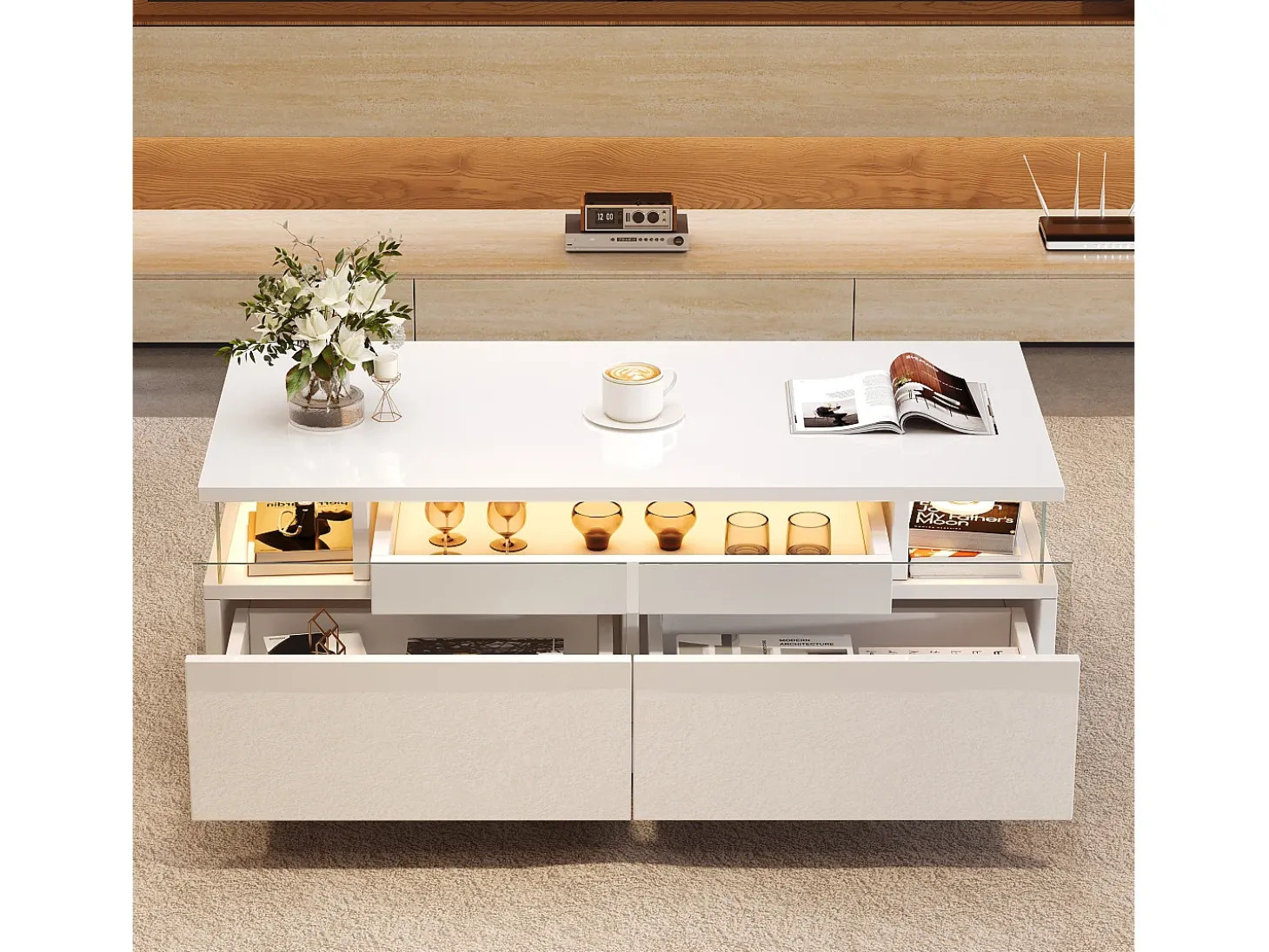 Mesa de centro branca com 2 gavetas, iluminação LED e tampo amovível 90x45x35,5cm
