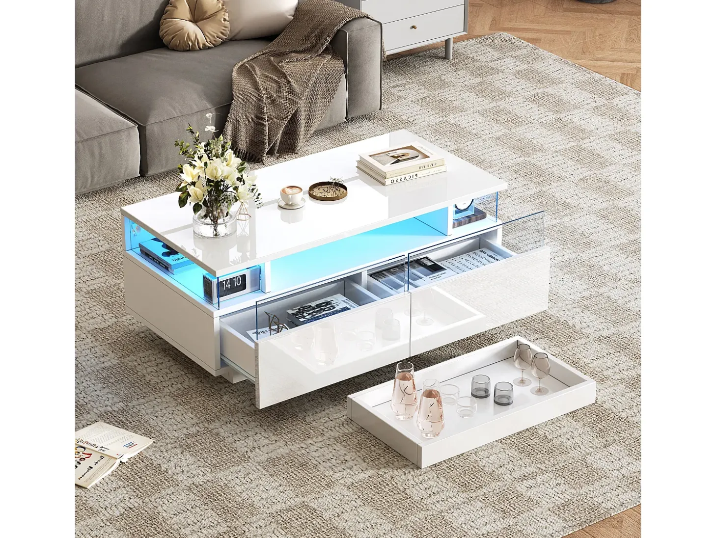 Mesa de centro branca com 2 gavetas, iluminação LED e tampo amovível 90x45x35,5cm