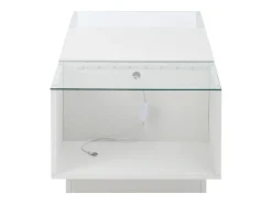 Mesa de centro branca com 2 gavetas, iluminação LED e tampo em vidro 105x50x35cm