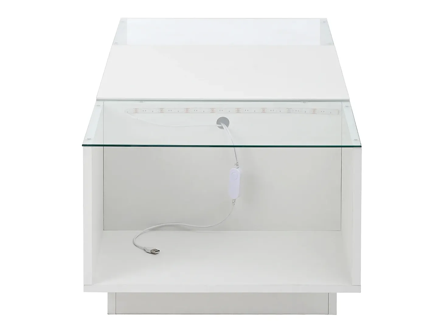 Mesa de centro branca com 2 gavetas, iluminação LED e tampo em vidro 105x50x35cm
