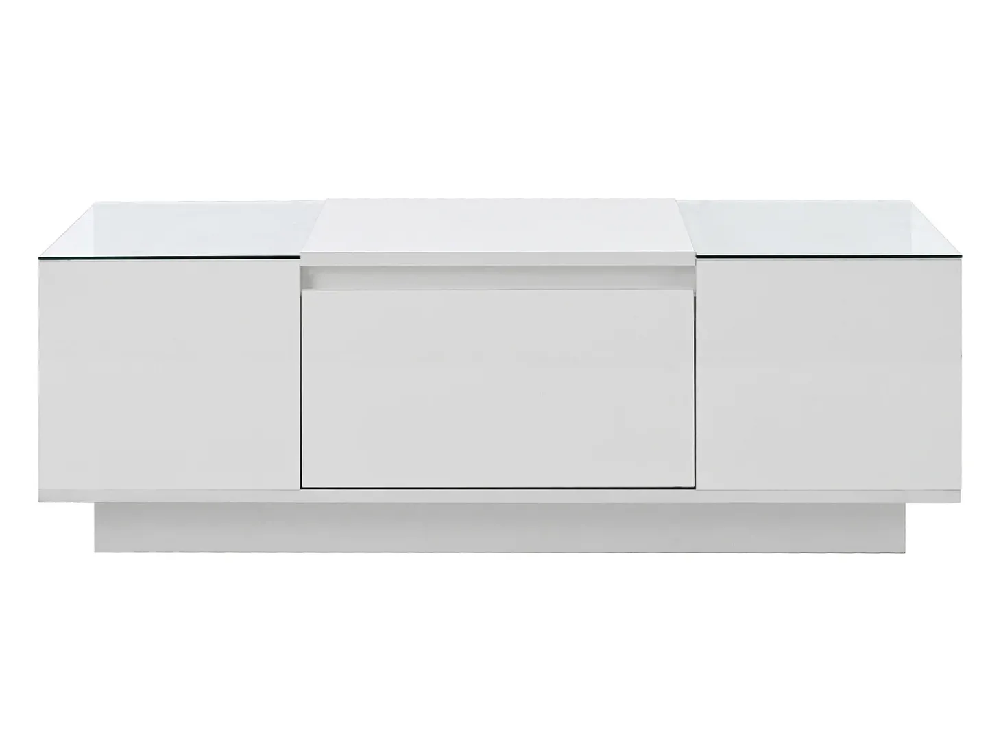 Mesa de centro branca com 2 gavetas, iluminação LED e tampo em vidro 105x50x35cm