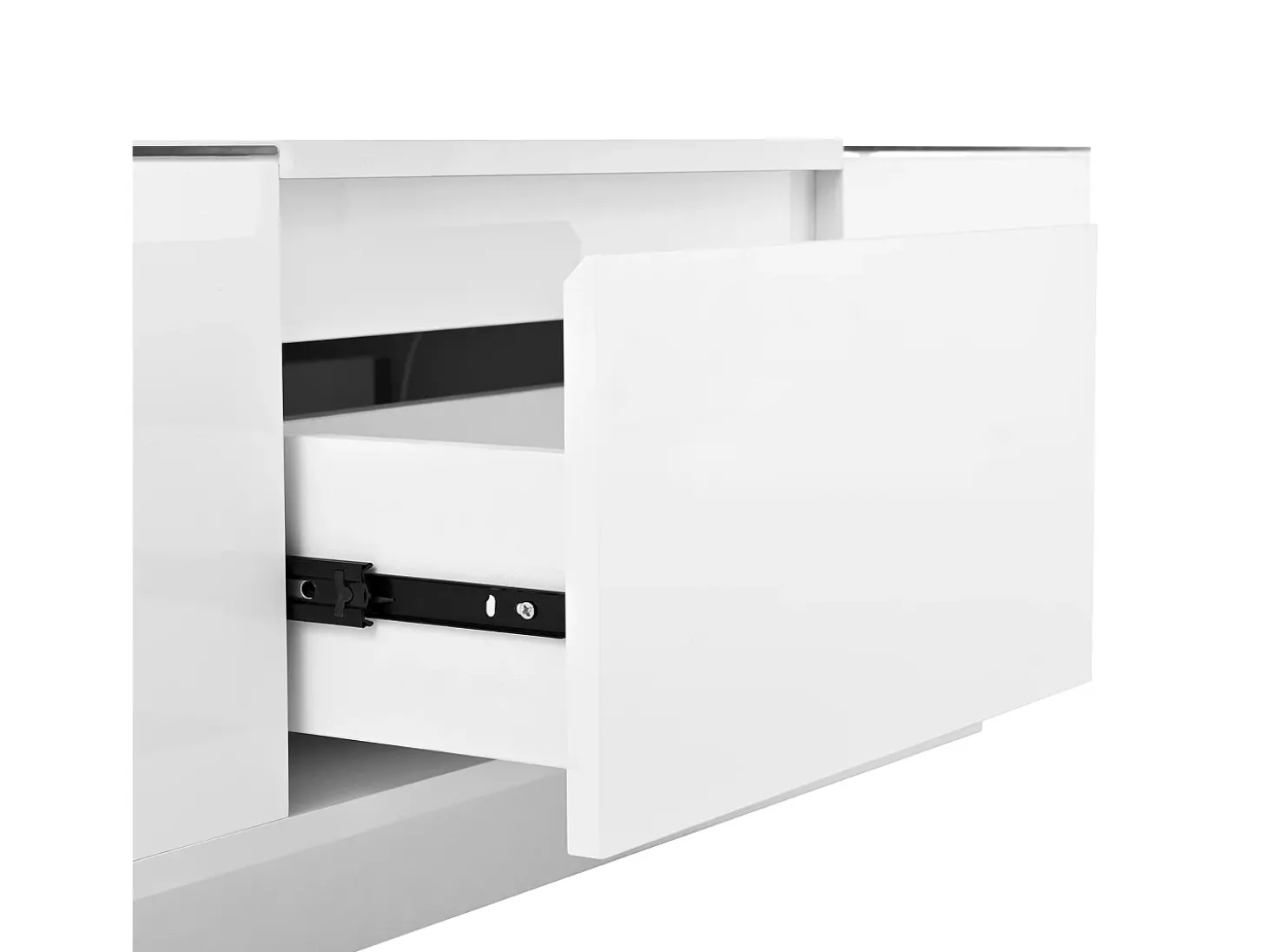 Mesa de centro branca com 2 gavetas, iluminação LED e tampo em vidro 105x50x35cm