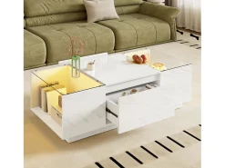 Mesa de centro branca com 2 gavetas, iluminação LED e tampo em vidro 105x50x35cm