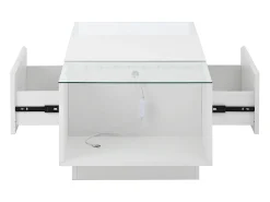 Mesa de centro branca com 2 gavetas, iluminação LED e tampo em vidro 105x50x35cm