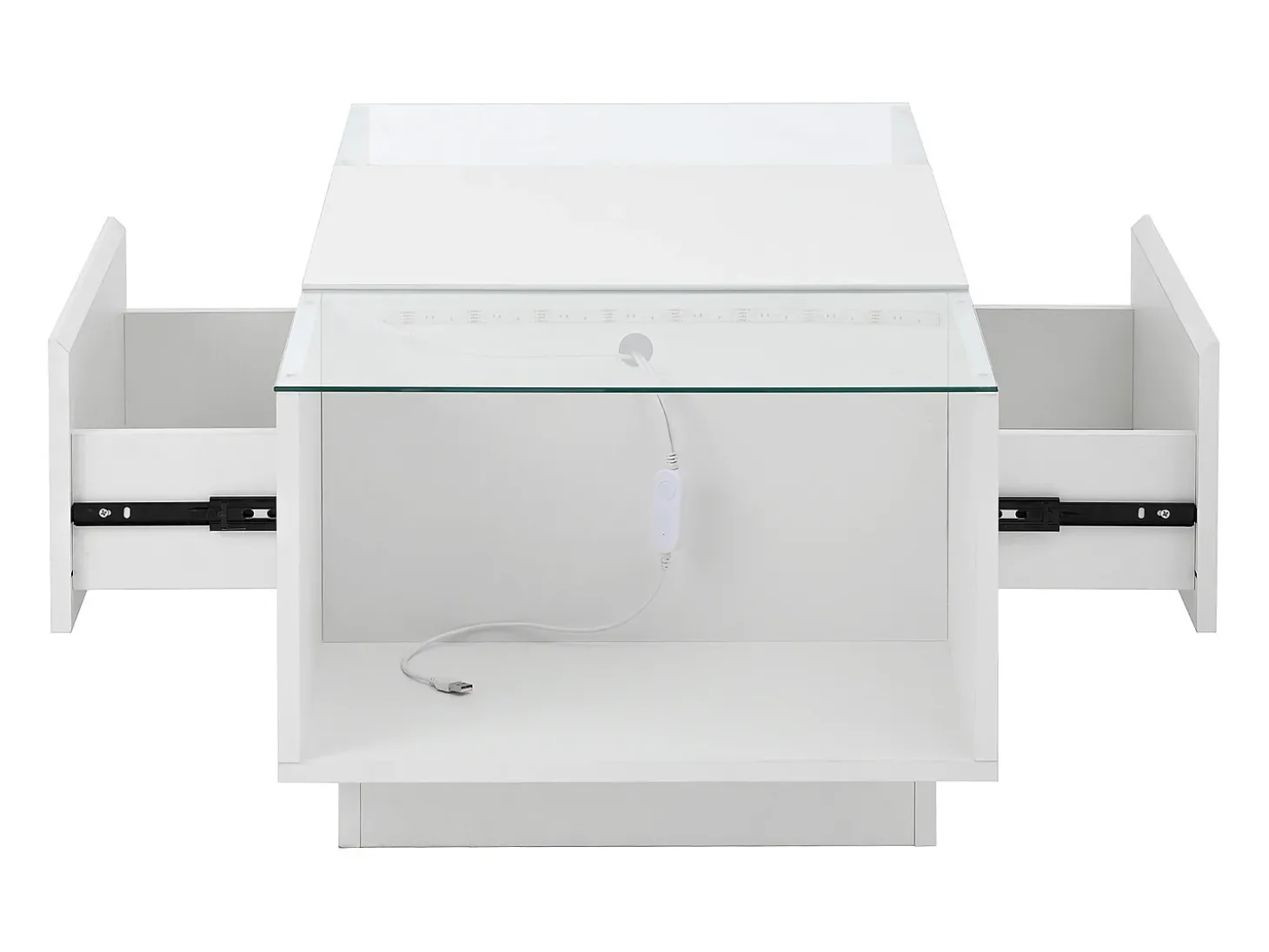 Mesa de centro branca com 2 gavetas, iluminação LED e tampo em vidro 105x50x35cm