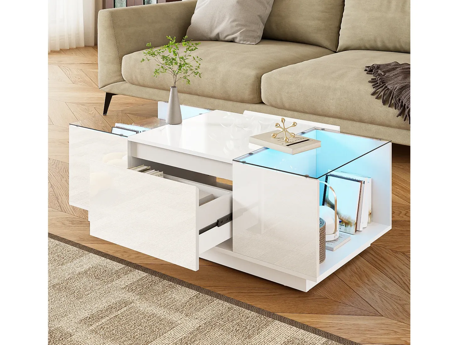 Mesa de centro branca com 2 gavetas, iluminação LED e tampo em vidro 105x50x35cm
