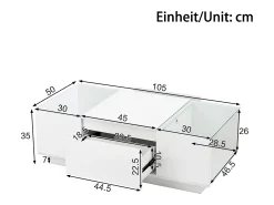 Mesa de centro branca com 2 gavetas, iluminação LED e tampo em vidro 105x50x35cm