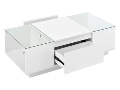 Mesa de centro branca com 2 gavetas, iluminação LED e tampo em vidro 105x50x35cm