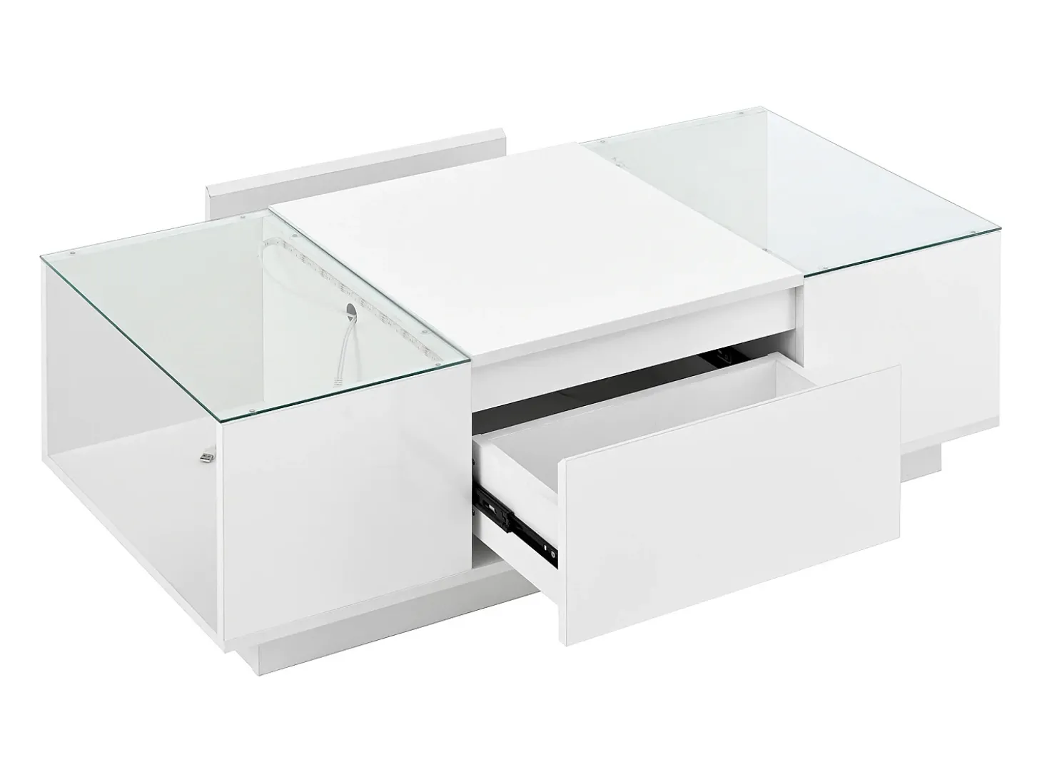 Mesa de centro branca com 2 gavetas, iluminação LED e tampo em vidro 105x50x35cm