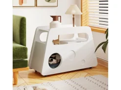 Mesa de centro branca com rodas e arrumação, design redondo 81x33x51,5cm