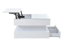 Mesa de centro branca elevável com 2 gavetas, iluminação LED e arrumação, tampo em vidro semi-temperado