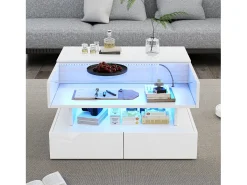 Mesa de centro branca elevável com 2 gavetas, iluminação LED e arrumação, tampo em vidro semi-temperado