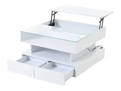 Mesa de centro branca elevável com 2 gavetas, iluminação LED e arrumação, tampo em vidro semi-temperado
