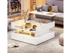 Mesa de centro branca elevável com 2 gavetas, iluminação LED e arrumação, tampo em vidro semi-temperado