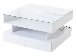 Mesa de centro branca elevável com 2 gavetas, iluminação LED e arrumação, tampo em vidro semi-temperado