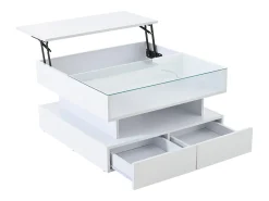Mesa de centro branca elevável com 2 gavetas, iluminação LED e arrumação, tampo em vidro semi-temperado