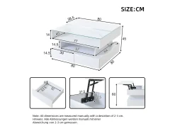Mesa de centro branca elevável com 2 gavetas, iluminação LED e arrumação, tampo em vidro semi-temperado