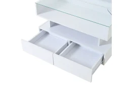 Mesa de centro branca elevável com 2 gavetas, iluminação LED e arrumação, tampo em vidro semi-temperado