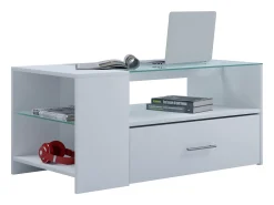 Mesa de centro branca Tindala design 100x50 cm com tampo de vidro, 1 gaveta e 3 espaços de arrumação