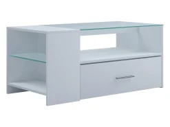 Mesa de centro branca Tindala design 100x50 cm com tampo de vidro, 1 gaveta e 3 espaços de arrumação