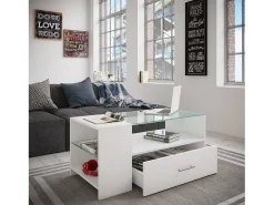 Mesa de centro branca Tindala design 100x50 cm com tampo de vidro, 1 gaveta e 3 espaços de arrumação