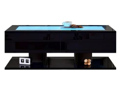 Mesa de centro brilhante 100×50×35 cm - 2 gavetas - com iluminação LED - tampo de vidro - painel de partículas - preto