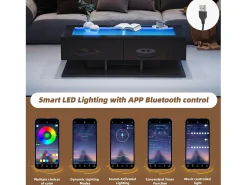 Mesa de centro brilhante 100×50×35 cm - 2 gavetas - com iluminação LED - tampo de vidro - painel de partículas - preto